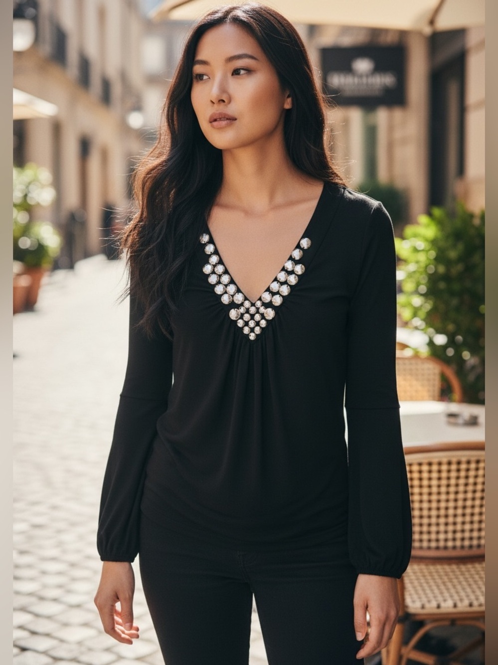 MK Black Brass Sequins Low V-Neckline Career Long Sleeve Tee Top